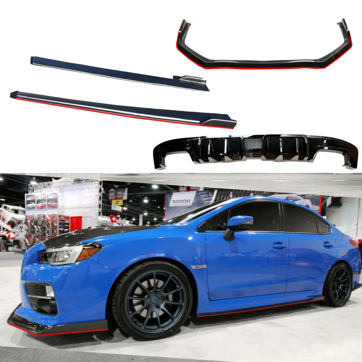 2015-2021 Subaru Wrx Sti Va - Front Lip, Side Skirts & Rear Diffuser Set - Gloss Black / Carbon Print W/ Red Stripe (8Pc) 1