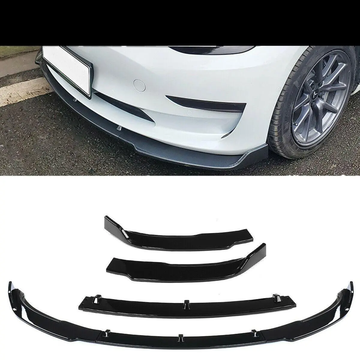 Fit 2017-2020 Tesla Model 3 Front Bumper Lip Splitter Chin (Gloss Black) 1