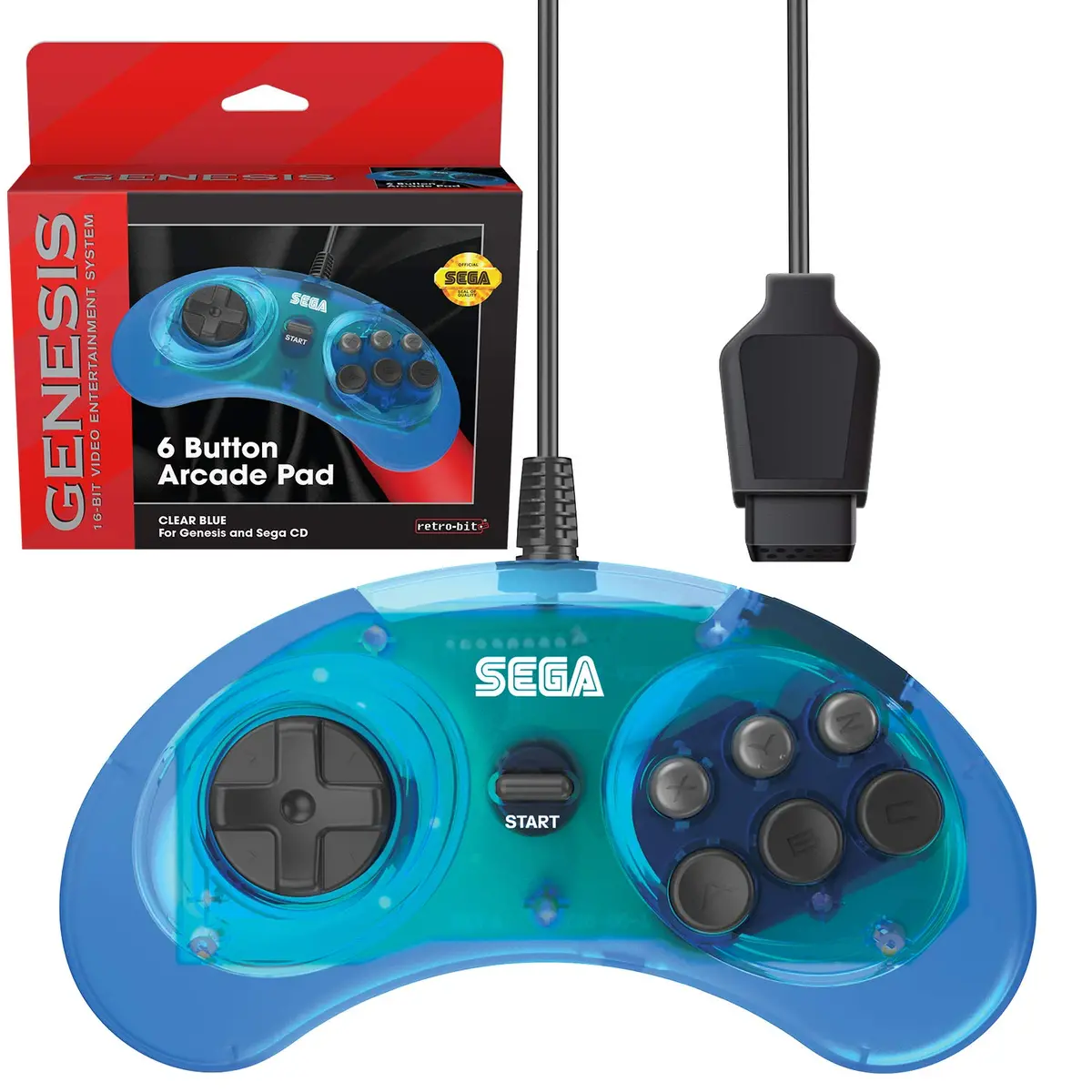Retro-Bit Official Sega Genesis Controller 6-Button Arcade Pad For Sega Genesis - Original Port - Clear Blue 1