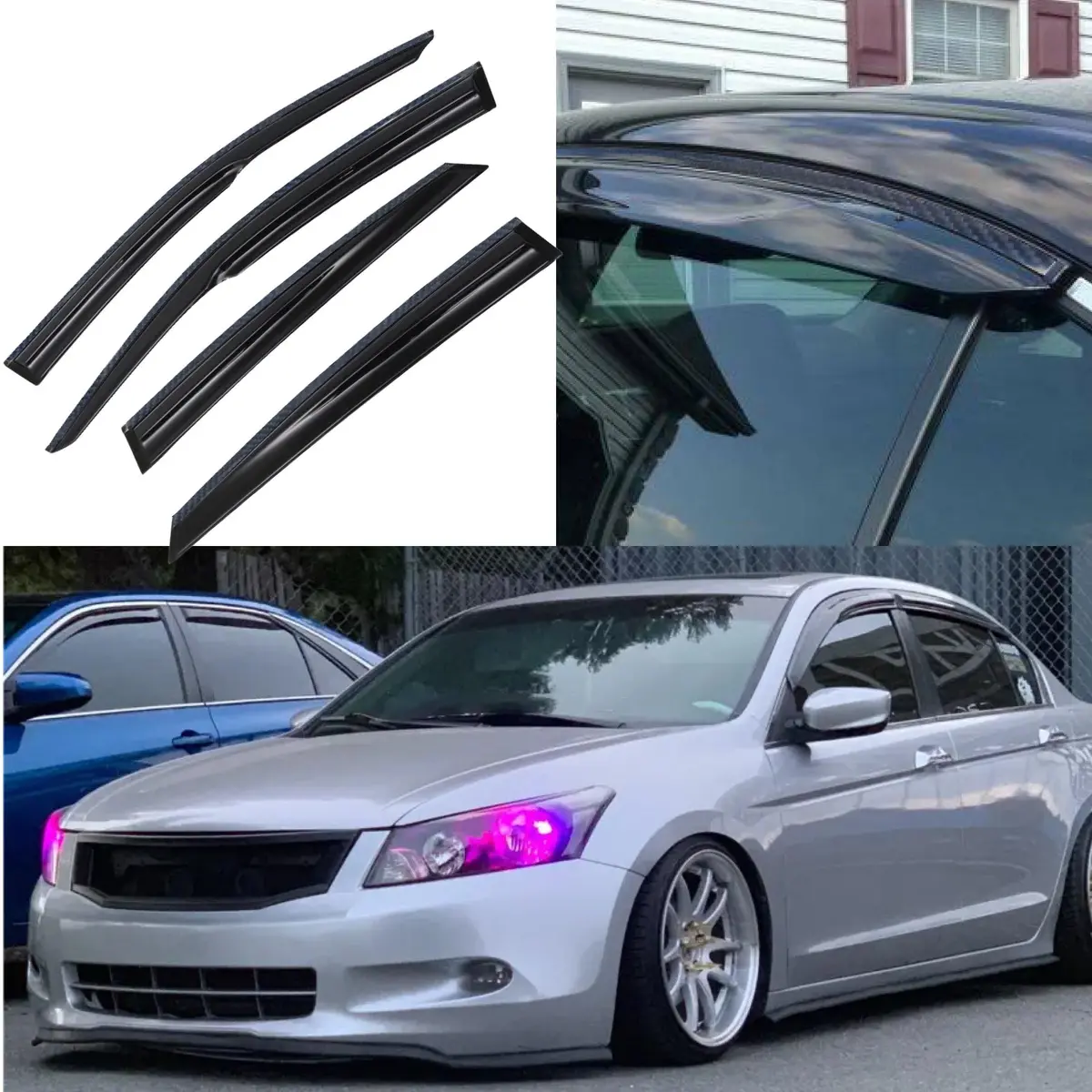 Fit 2008-2012 Honda Accord Carbon Fiber & 3D Mugen Style Trim Vent Window Visors Rain Sun Wind Guards Shade Deflectors 1