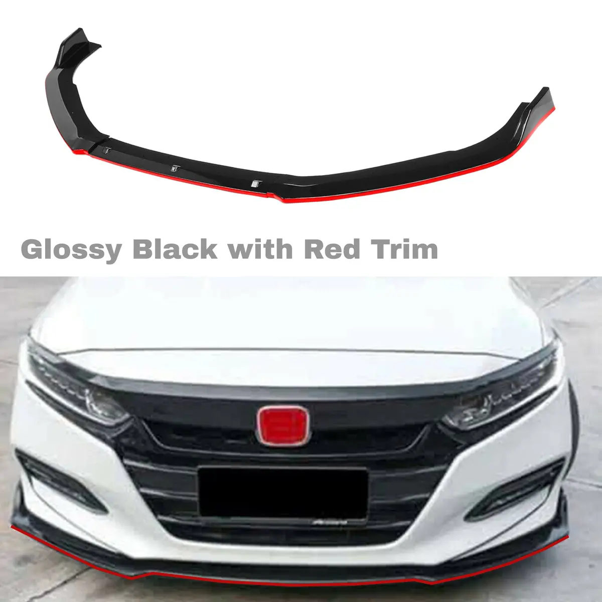 Fits 2013-2017 Honda Accord Front Bumper Lip Spoiler (Gloss Black With Red Trim) 1