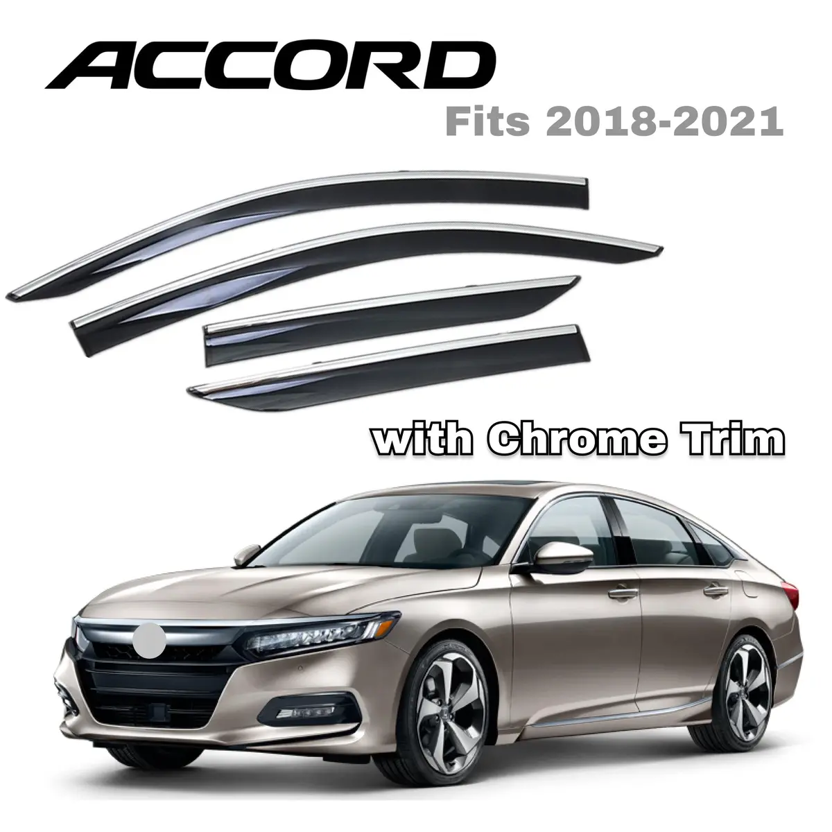 Fit 2018-2023 Honda Accord Clip-On Chrome Trim Vent Window Visors Rain Sun Wind Guards Shade Deflectors 1