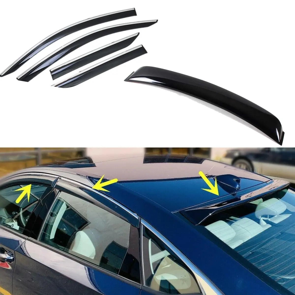 Fit 2018-2023 Honda Accord Chrome Trim Window Visors  & Rear Roof Spoiler 1