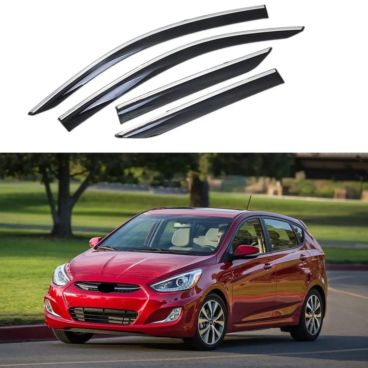 For Hyundai Accent 2012-2017 Sedan Clip-On Chrome Trim Vent Window Visors Rain Sun Wind Guards Shade Deflectors 1