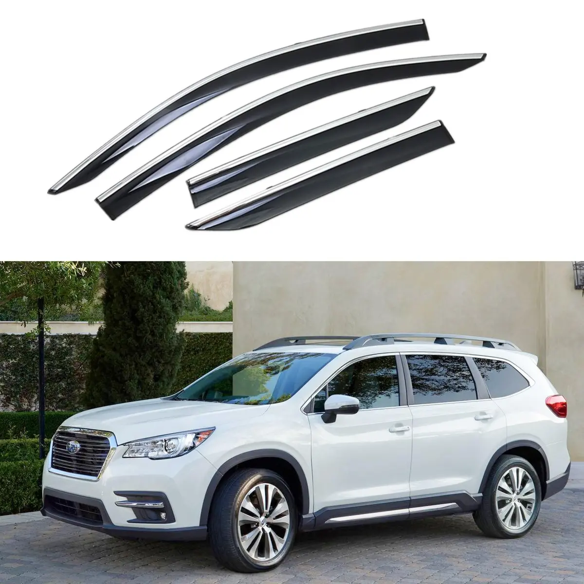 Fit 2019-2021 Subaru Ascent Clip-On Chrome Trim Vent Window Visors Rain Sun Wind Guards Shade Deflectors 1
