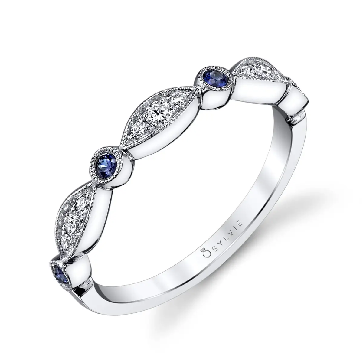 14K White Gold Talia Vintage Inspired Milgrain Sapphire And Diamond Band 1