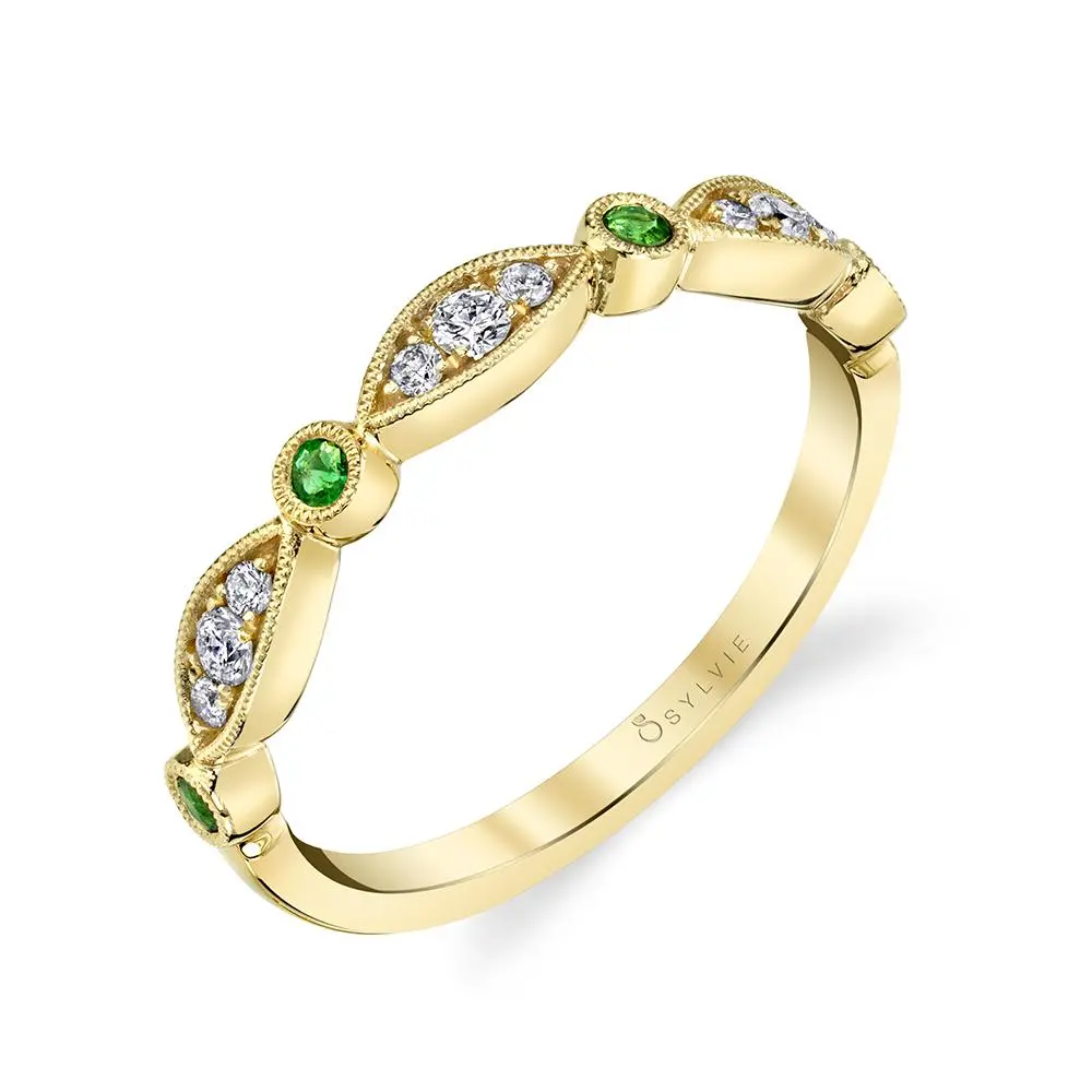 14K Yellow Gold Talia Vintage Inspired Milgrain Emerald And Diamond Band 1