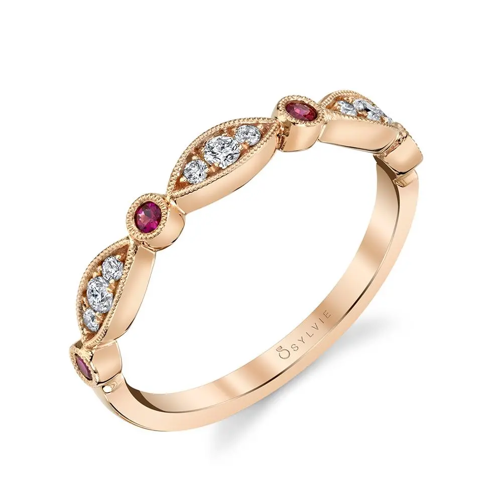 14K Rose Gold Talia Vintage Inspired Milgrain Ruby And Diamond Band 1