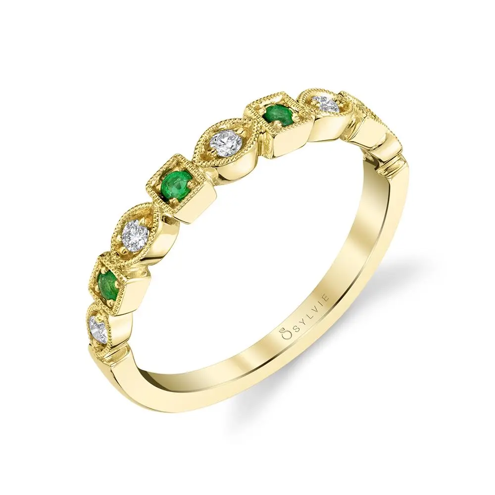 14K Yellow Gold Milena Stackable Emerald And Diamond Wedding Band 1