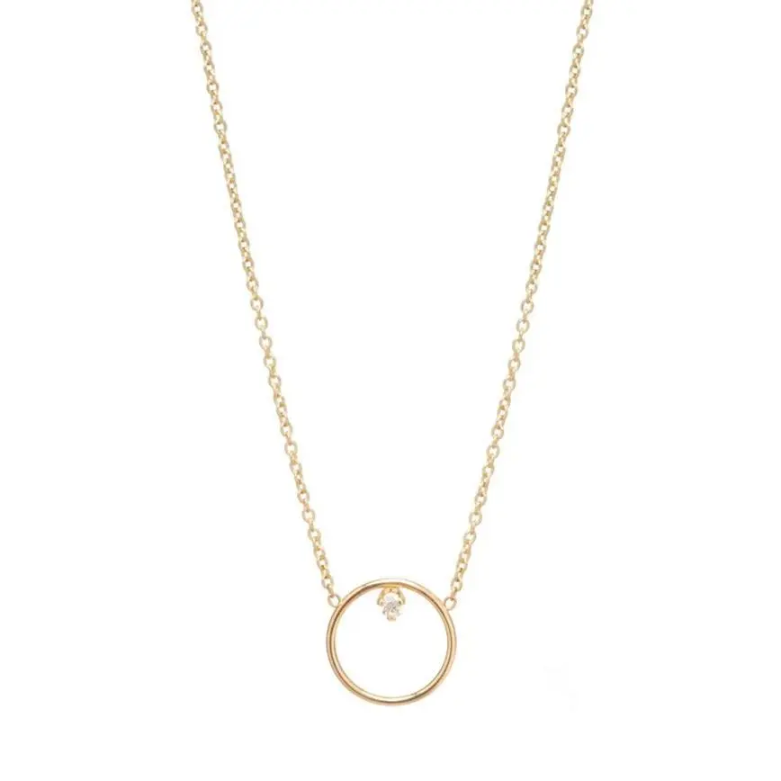14K Yellow Gold Circle Necklace With Prong Set Diamond 1