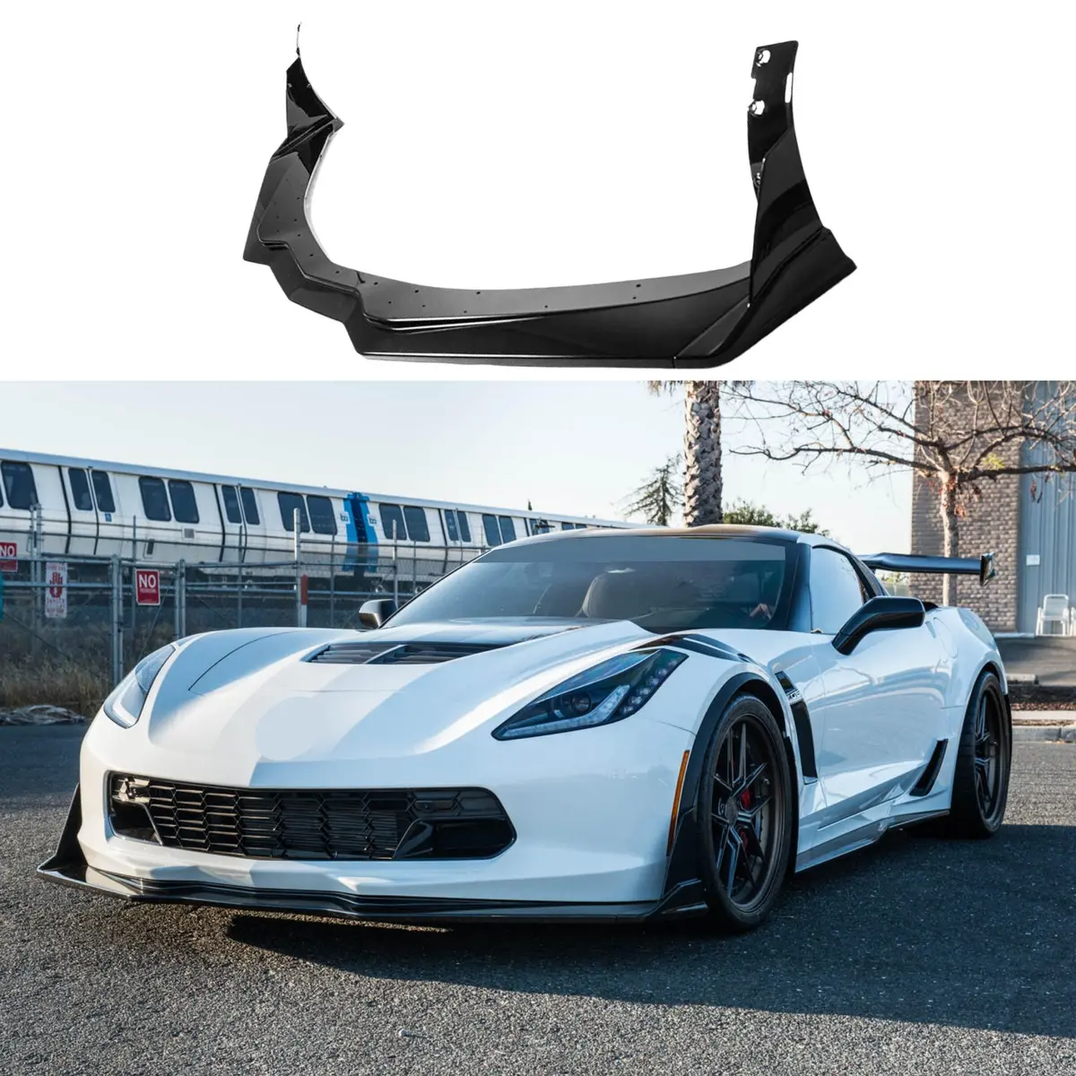 Fits 14-19 Corvette C7 Stage 3.5 Painted Metallic Black Extended Front Lip Spoiler 1