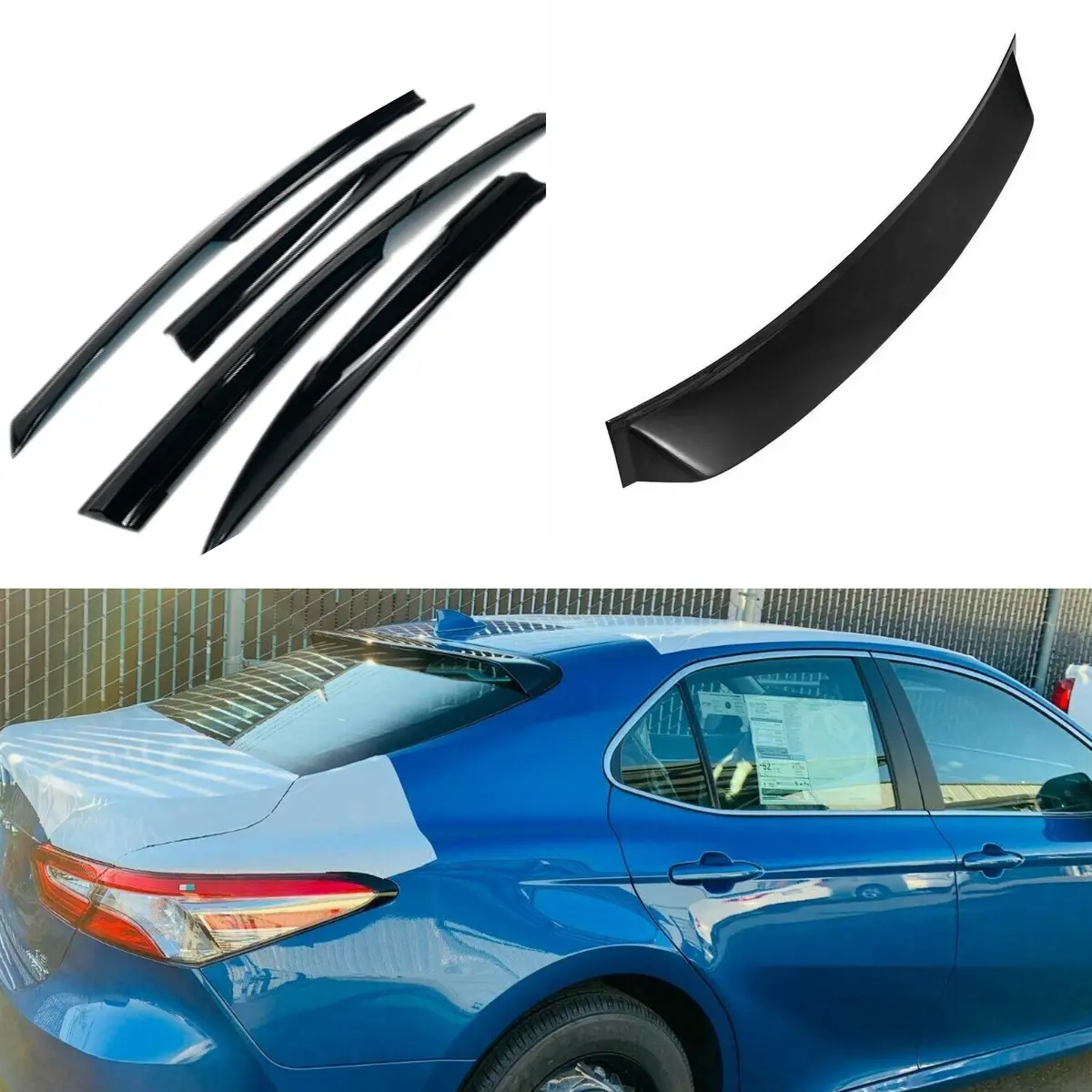 Fit 2012-2017 Toyota Camry 3D Mugen Style Vent Window Visors Rain Sun Wind Guards Shade Deflectors & Rear Roof Spoiler Wings 1