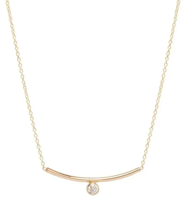 14K Yellow Gold Curved Bar Necklace With Bezel Set Diamond 1