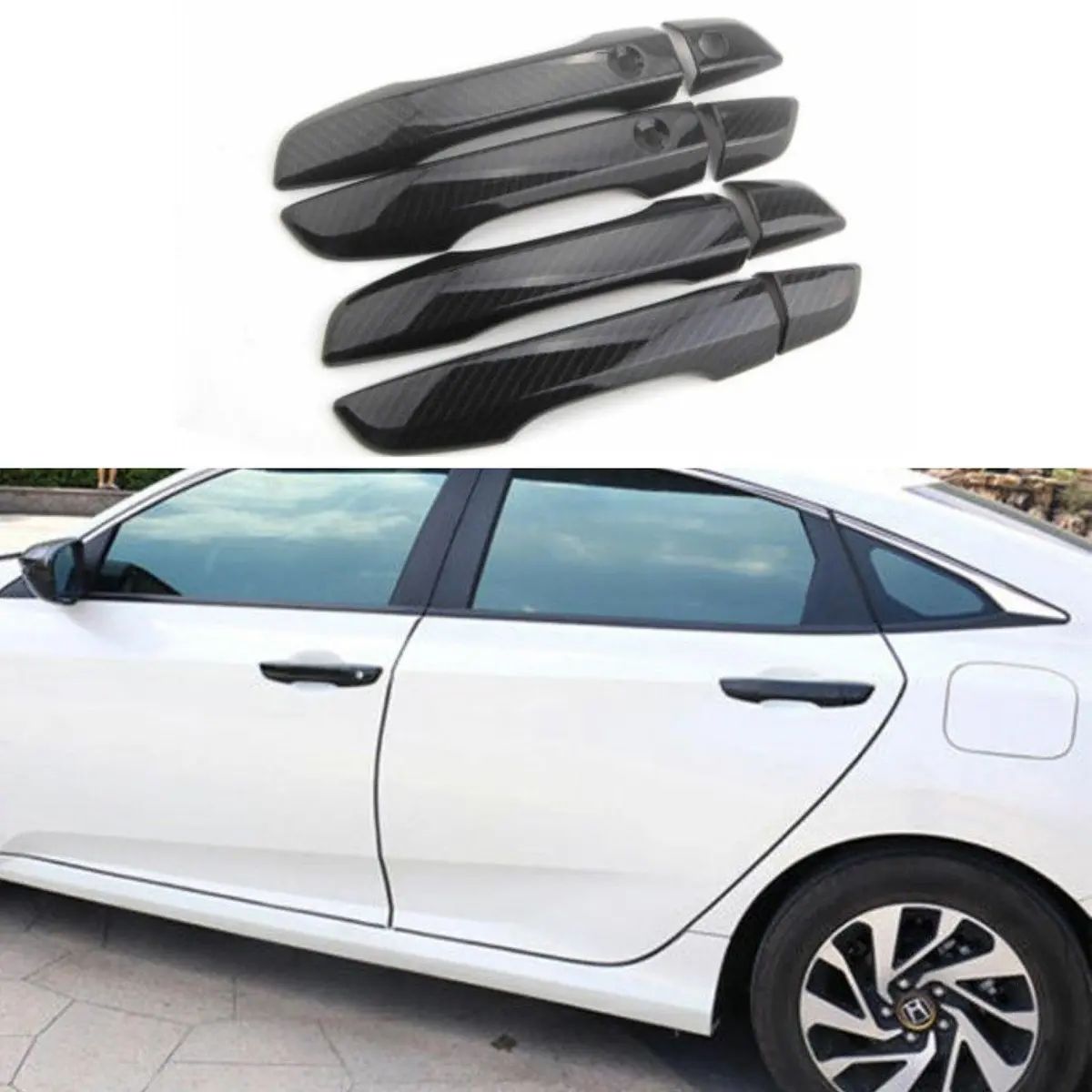 Fit 2016-2020 Honda Civic Door Handle Cover Bezel Trim (Carbon Fiber Print, Smart Holes) 1