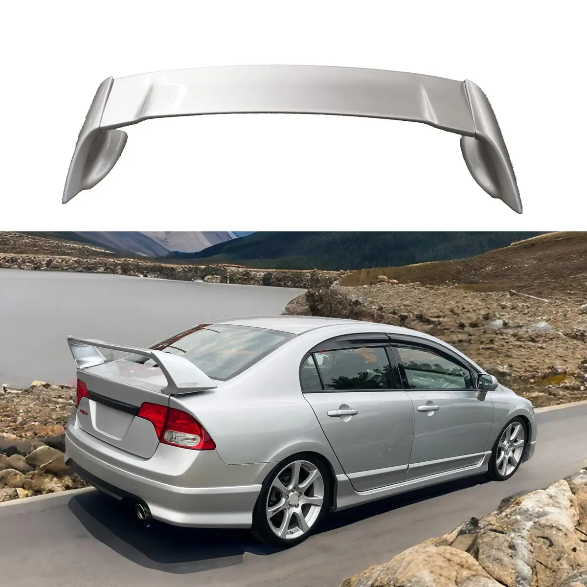 Fits 2006-2011 Honda Civic Sedan 3D Mugen Style Silver Rear Trunk Spoiler Wing 1