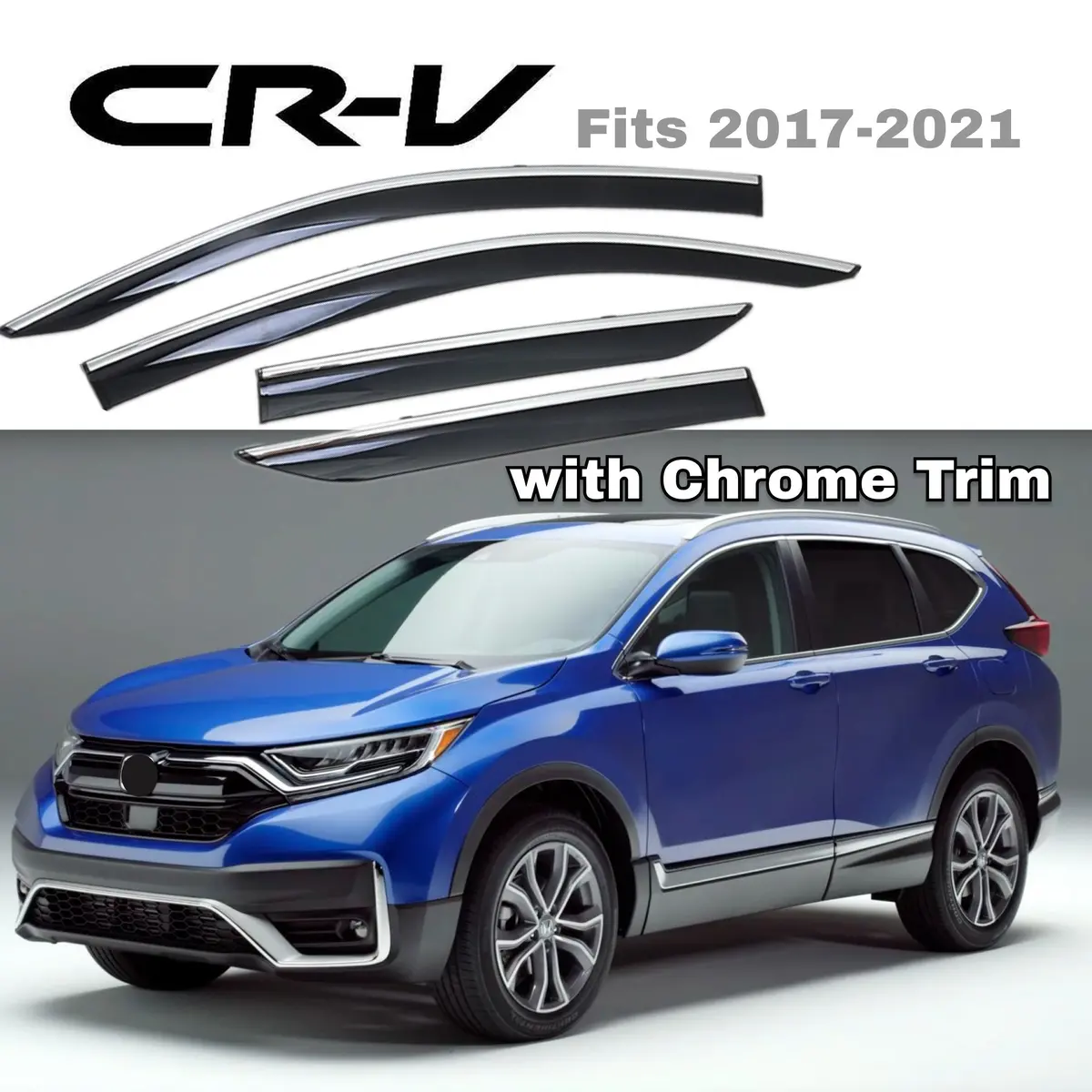 Fit 2017-2021 Honda Crv Clip-On Chrome Trim Vent Window Visors Rain Sun Wind Guards Shade Deflectors 2
