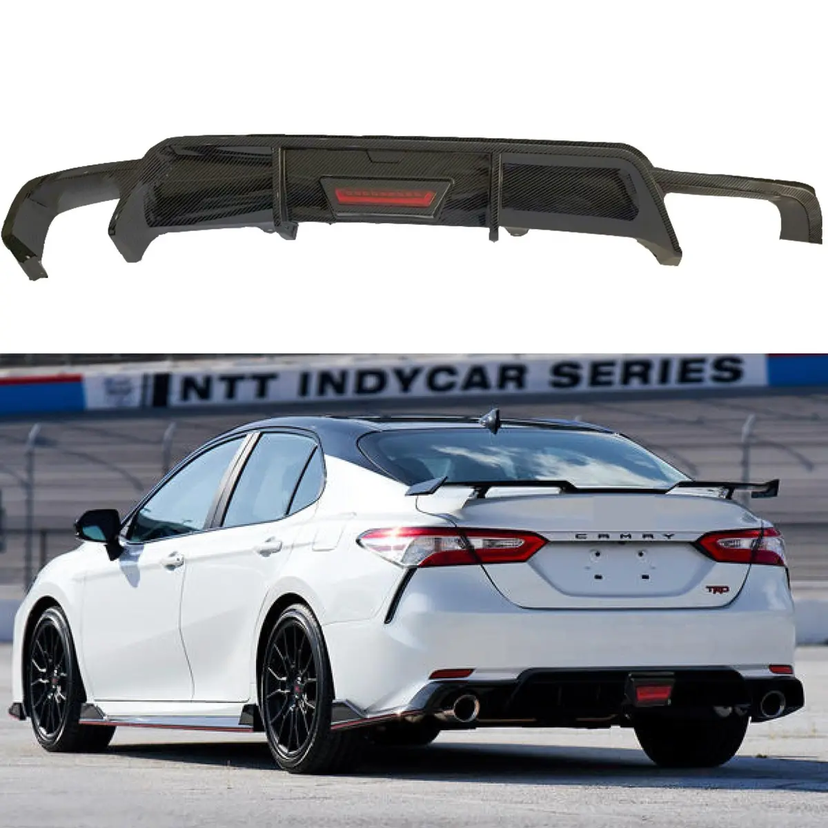 Fit 2018-2024 Toyota Camry Rear Bumper Lower Diffuser Spoiler With Led Light (Carbon Fiber Print) 1