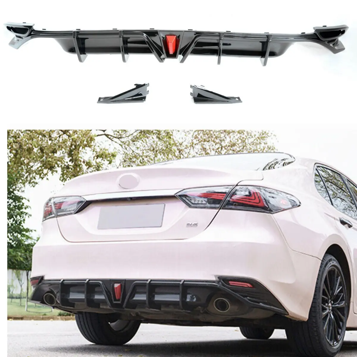 Fit For 2018-2024 Toyota Camry Le Xle Rear Bumper Lower Diffuser Spoiler With Led Light (Gloss Black) 1