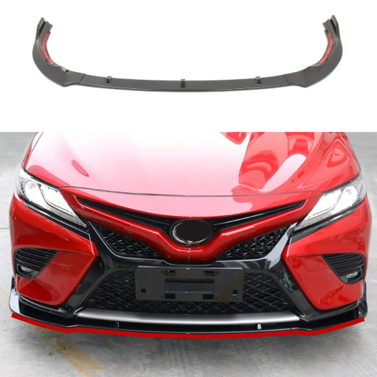 Fits 2018-2023 Toyota Camry Se Xse Trd Style Front Bumper Lip (Gloss Black With Red Trim) 1