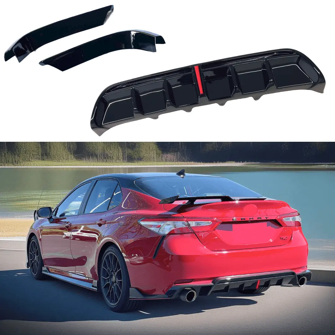 Fit 2018-2024 Toyota Camry Trd Style Led Brake Light Gloss Black Rear Diffuser & Corner Splitters 1