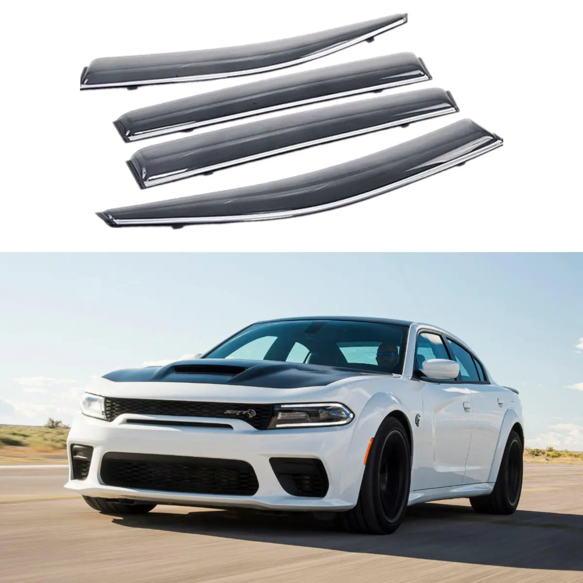 Fit 2011-2021 Dodge Charger Clip-On Chrome Trim Vent Window Visors Rain Sun Wind Guards Shade Deflectors 1