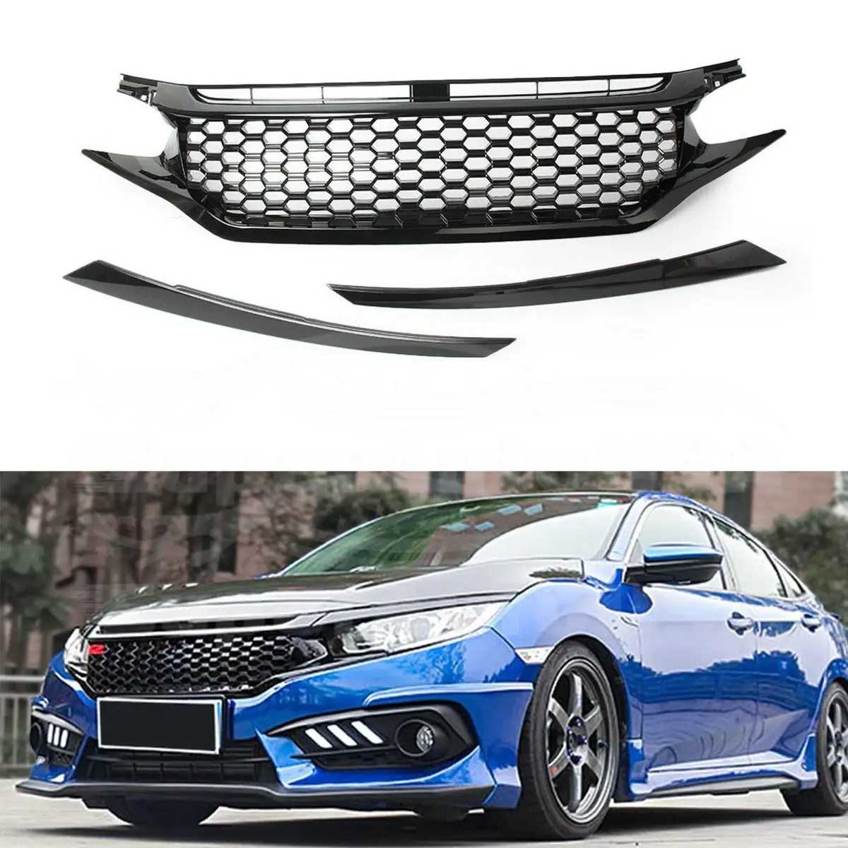 Fit 2016-2018 Honda Civic 10 Front Bumper Center Radiator Grille Honeycomb Grill (Black) 1