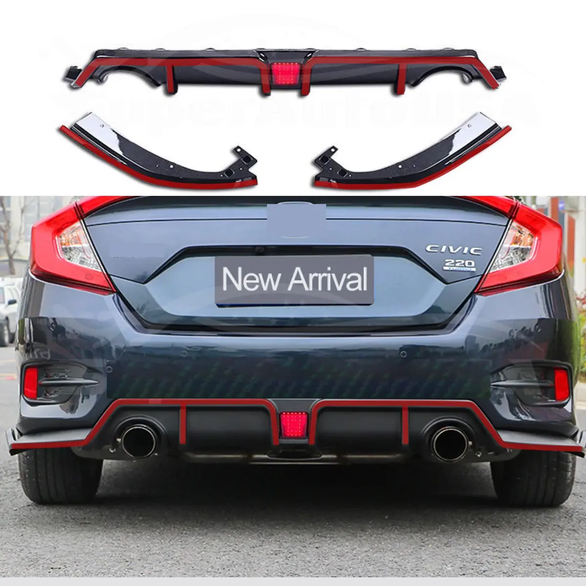 Fits 2016-2021 Honda Civic Sedan Rear Diffuser W/ Led Light (Gloss Black) 1