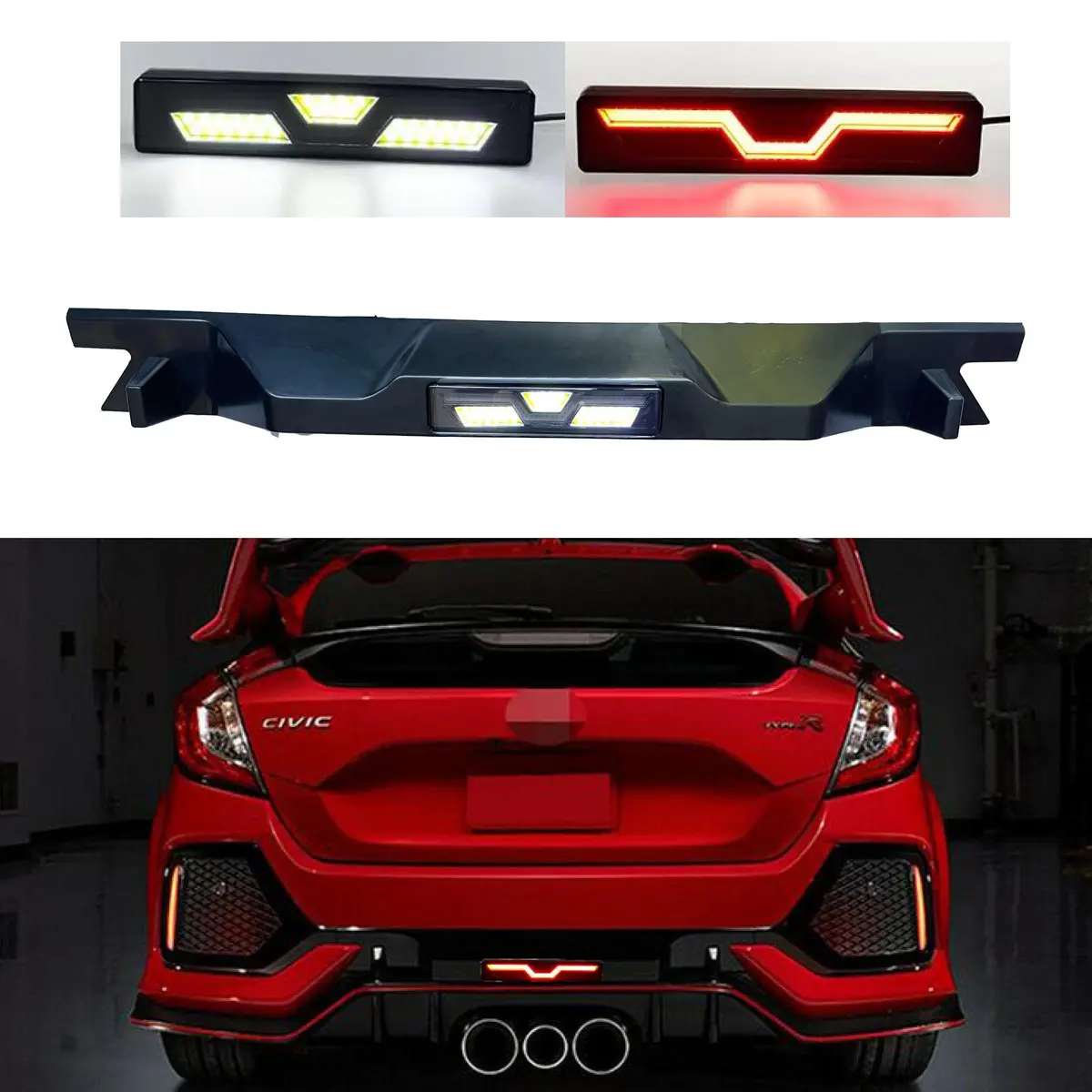 Fits 2016-2021 Honda Civic Hatchback Rear Diffuser Led Brake Light Extension (Unpainted Black) 1