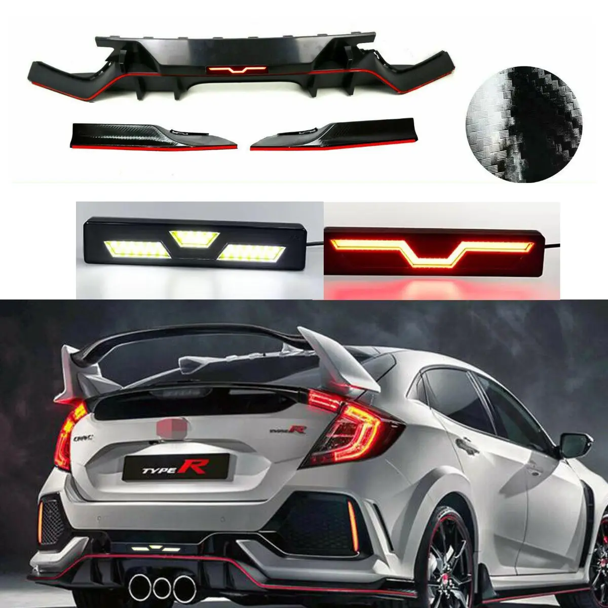 Fits 2016-2021 Honda Civic Hatchback Rear Diffuser Bumper With Led Brake Light Extension (Extra Gloss Carbon Fiber Print And Unpainted Black) 1