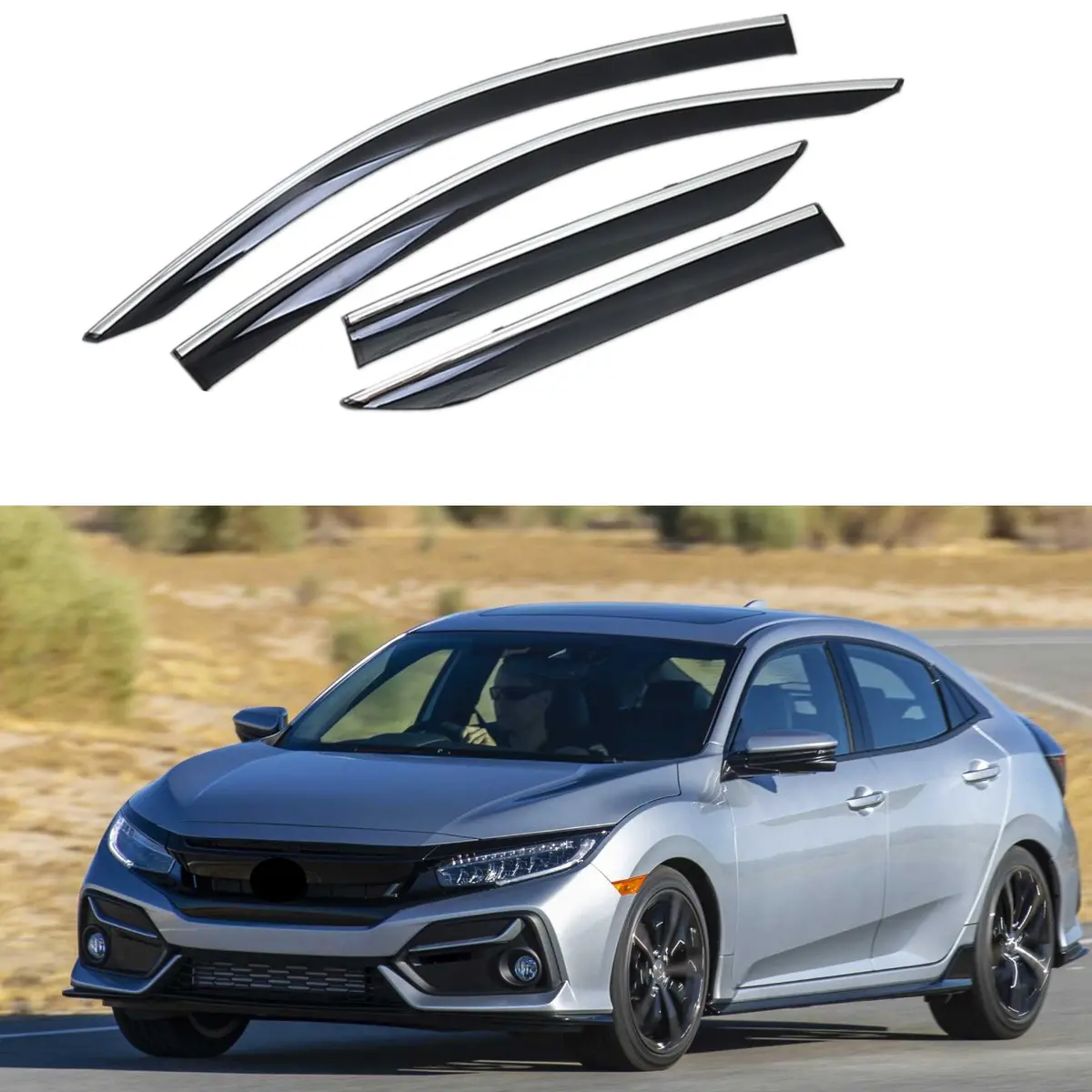 Fit 2016-2020 Honda Civic Clip-On Chrome Trim Vent Window Visors Rain Sun Wind Guards Shade Deflectors 1
