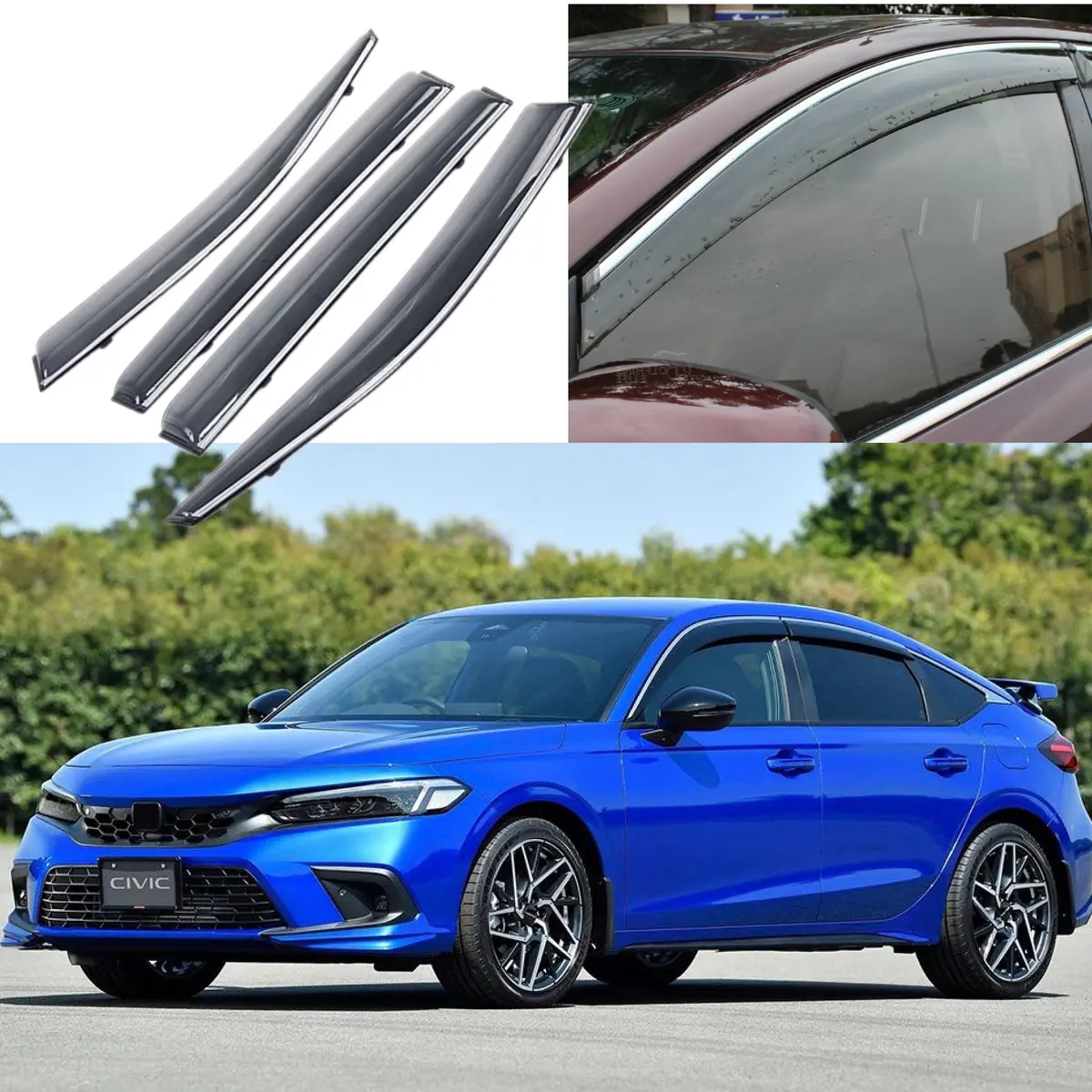 Fits 2022-23 Honda Civic Hatchback Clip-On Chrome Trim Vent Window Visors Rain Sun Wind Guards Shade Deflectors 1