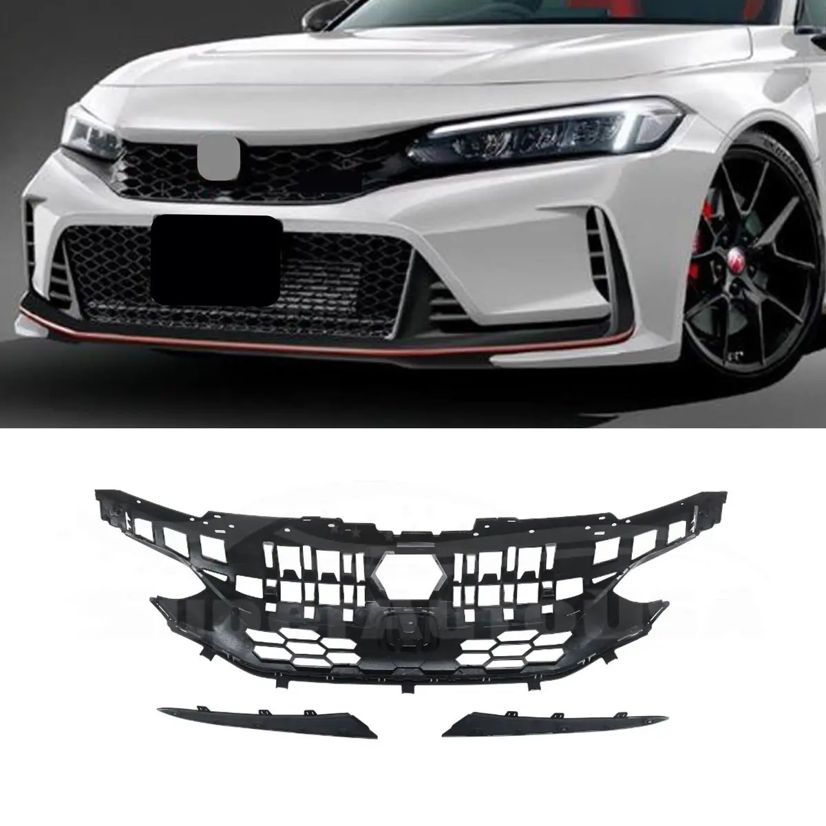 Fit 22-23 Honda Civic Type R Gloss Black Si Style Front Bumper Honeycomb Grille 1