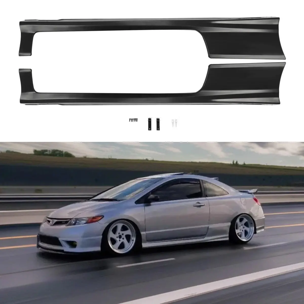 Fits 2006-2011 Honda Civic Si Coupe 2-Door Black Side Skirt Extensions Black 1