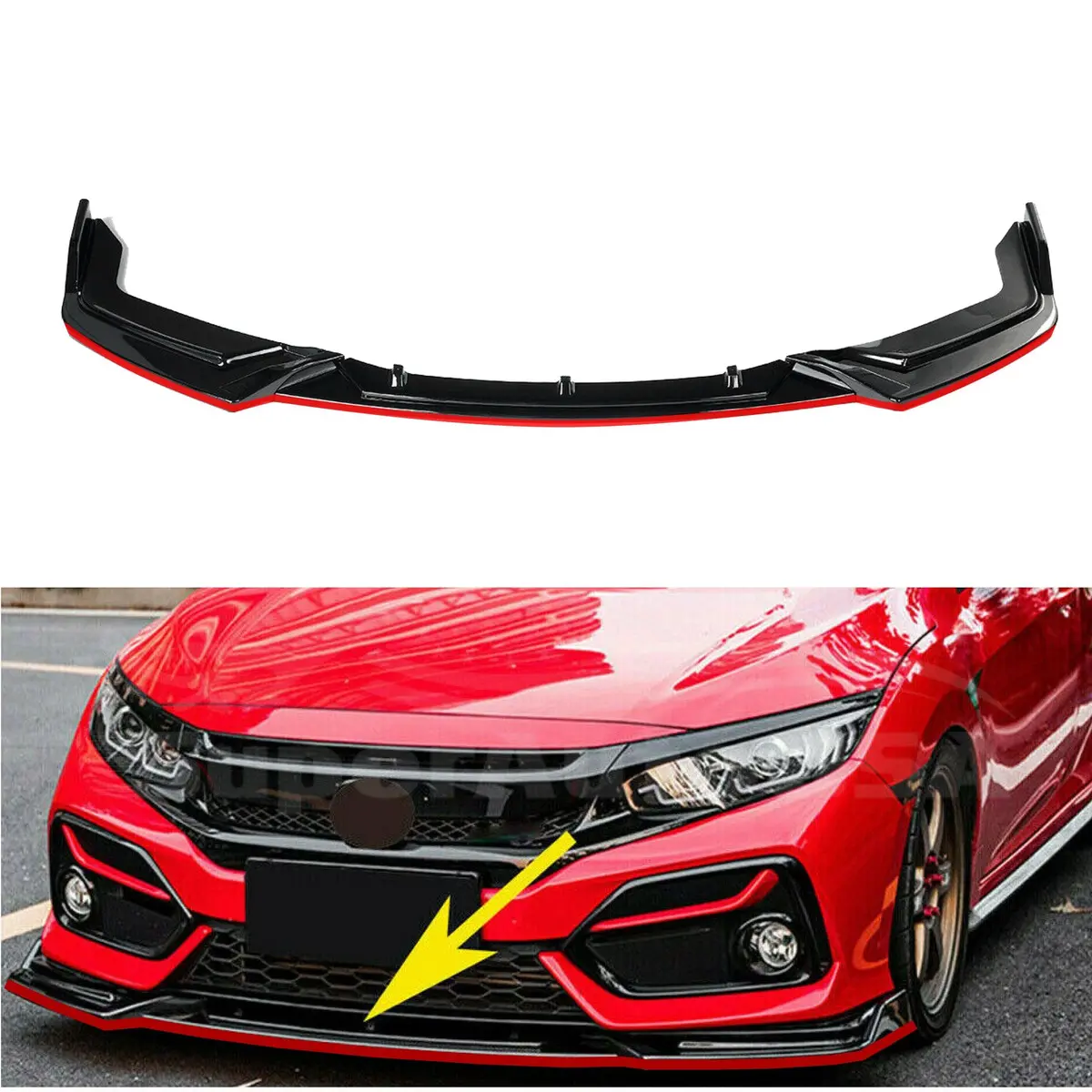 Fits 2017-2021 Honda Civic Hatchback Si Red Trim Performance Front Bumper Lip 1