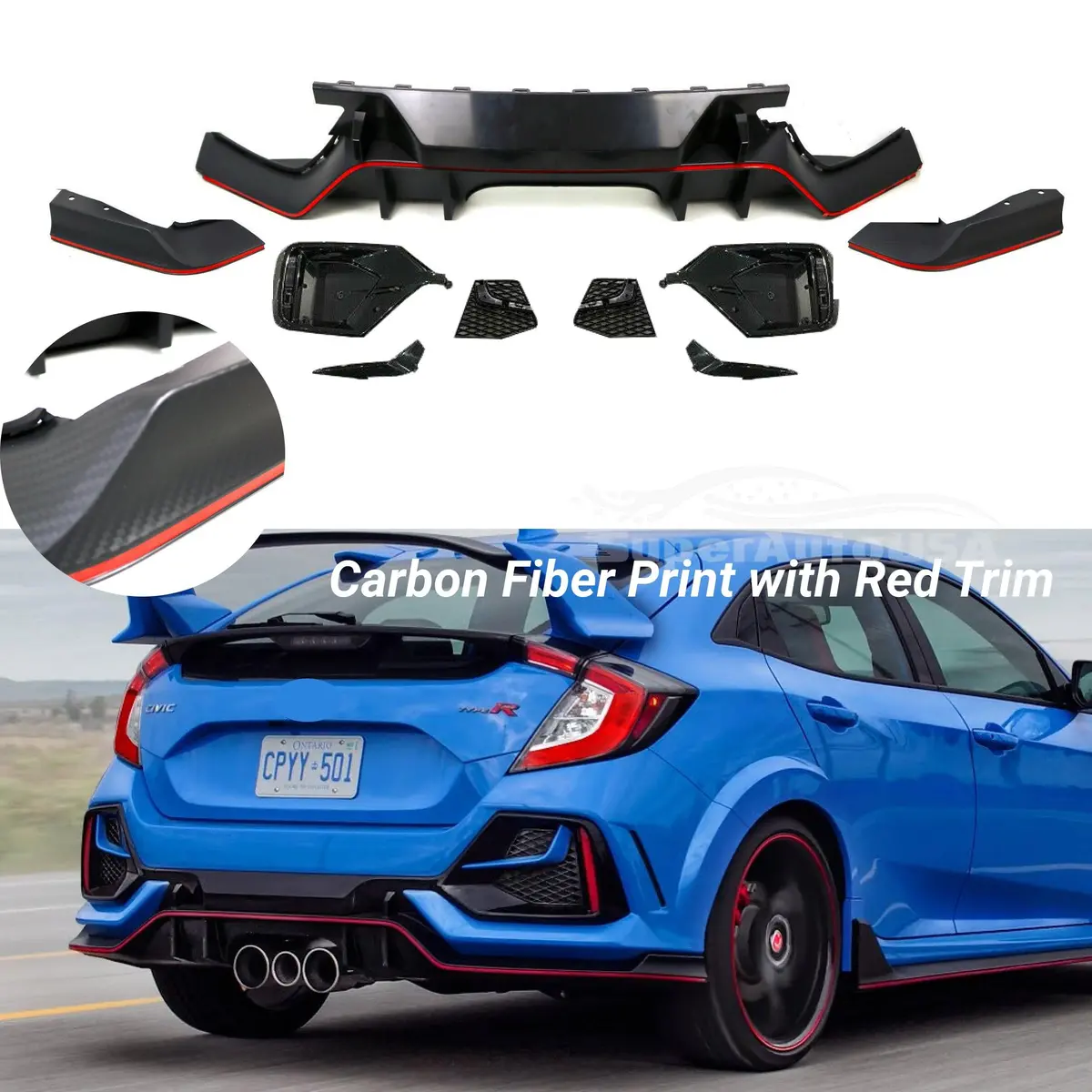 Fits 2017-2021 Honda Civic Hatchback Rear Bumper Spoiler Garnish Reflectors (Carbon Fiber Print And Red Trim) 1