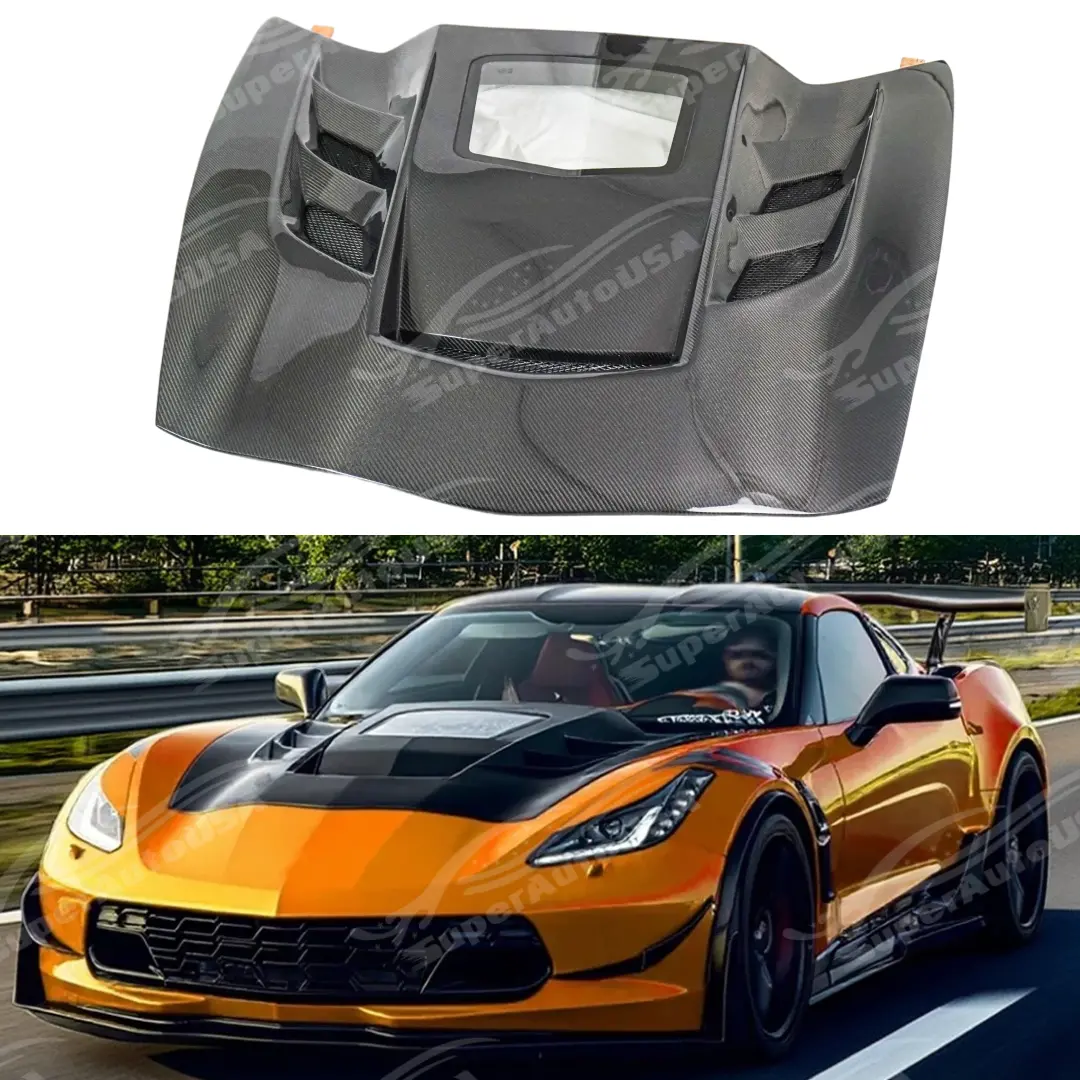 Fits 2014-2019 Chevrolet Corvette C7 Real Carbon Fiber Front Engine Vented Hood 1