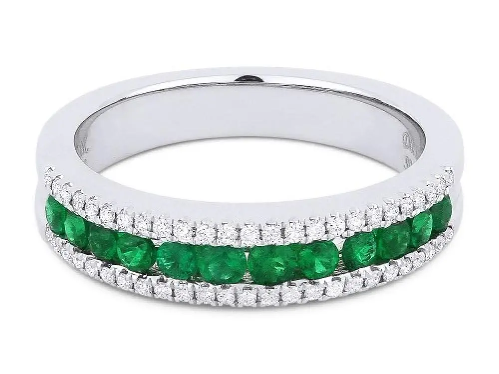 18K White Gold Channel Set Emerald And Diamond Fashion Ring 1