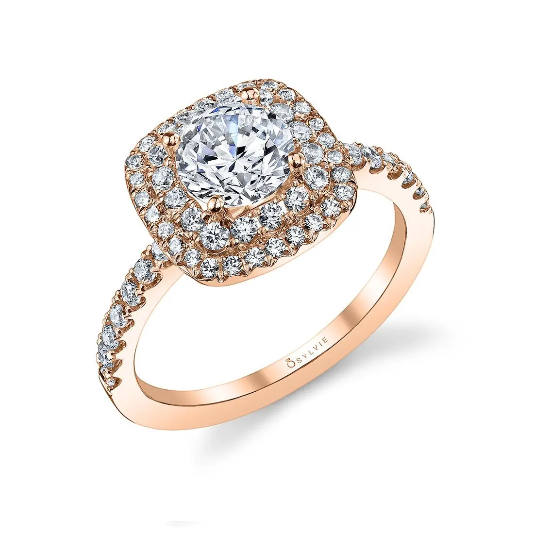 14K White Gold Melodie Cushion Shape Double Diamond Halo Engagement Ring (Center Stone Not Included) 1