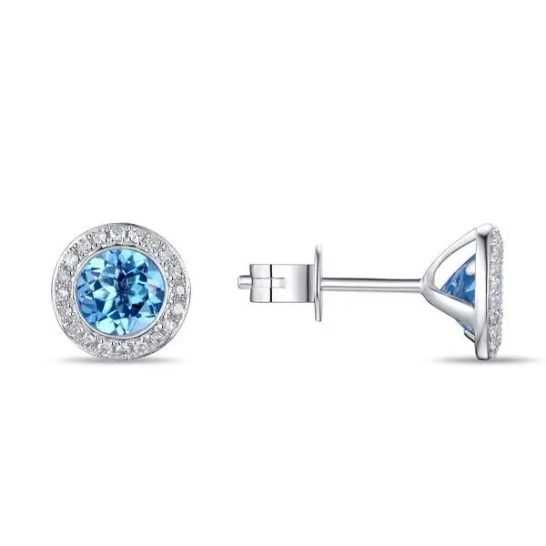 14K White Gold 6Mm Blue Topaz And Diamond Halo Earrings 1