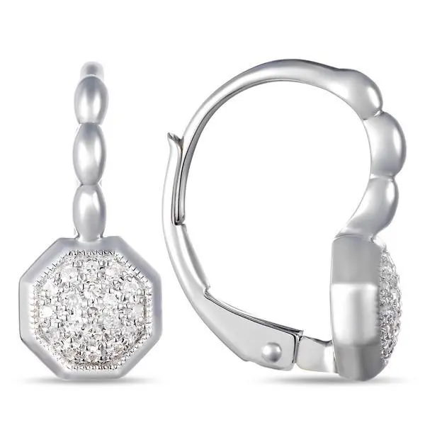 14K White Gold Octagonal Diamond Pave Lever Back Earrings 1