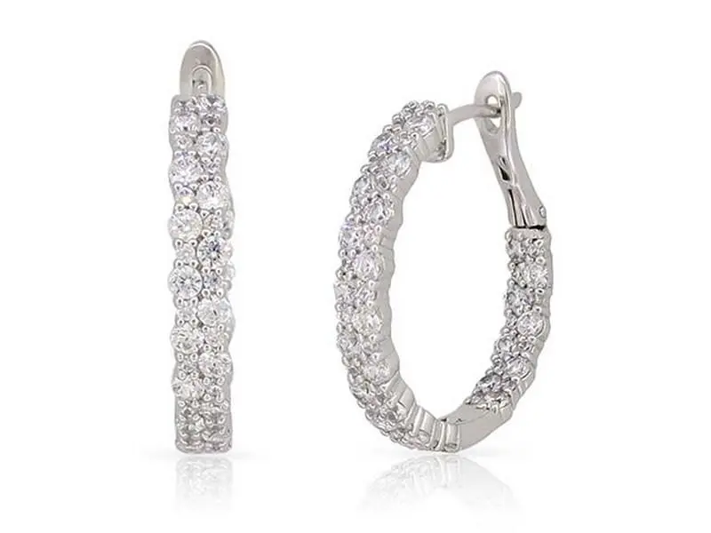 14K White Gold Double Row Diamond Hoop Earrings 1