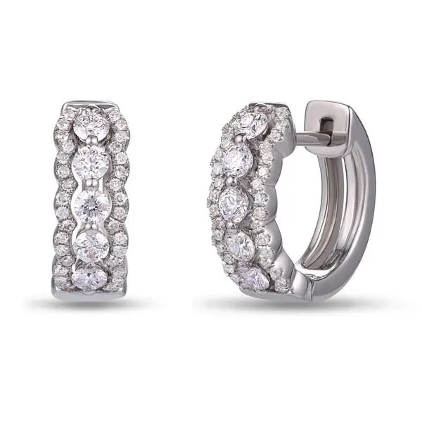 14K White Gold Three Row Diamond Huggie Earrings 1