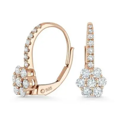 14K Gold Diamond Cluster On Diamond Lever Backs Earrings 1