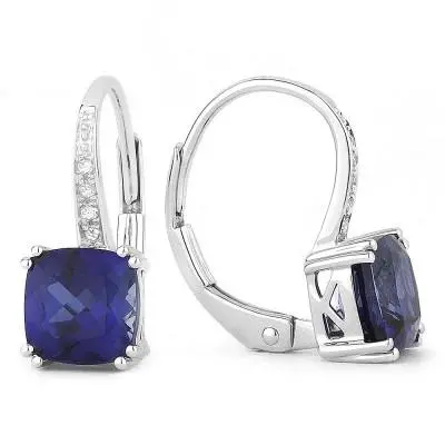 14K White Gold Blue Corundum Lever-Back Earrings 1