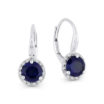 14K White Gold Blue Corundum And Diamond Earrings 1