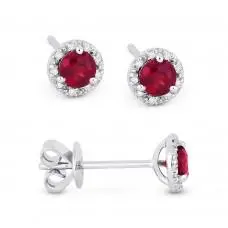 14K White Gold Ruby In Diamond Halo Earrings 1