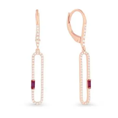14K Rose Gold Dangle Diamond Earrings With A Ruby Baguette 1