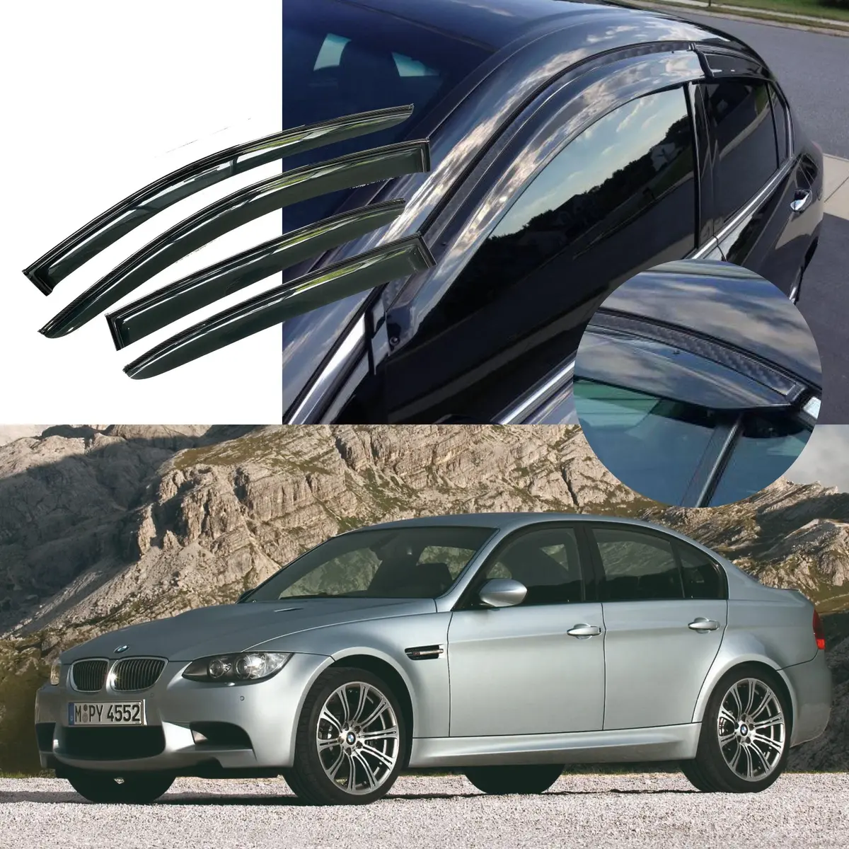 Fit 2006-2011 Bmw 3 Series E90 Clip-On Carbon Fiber Print Trim Vent Window Visors Rain Sun Wind Guards Shade Deflectors 1