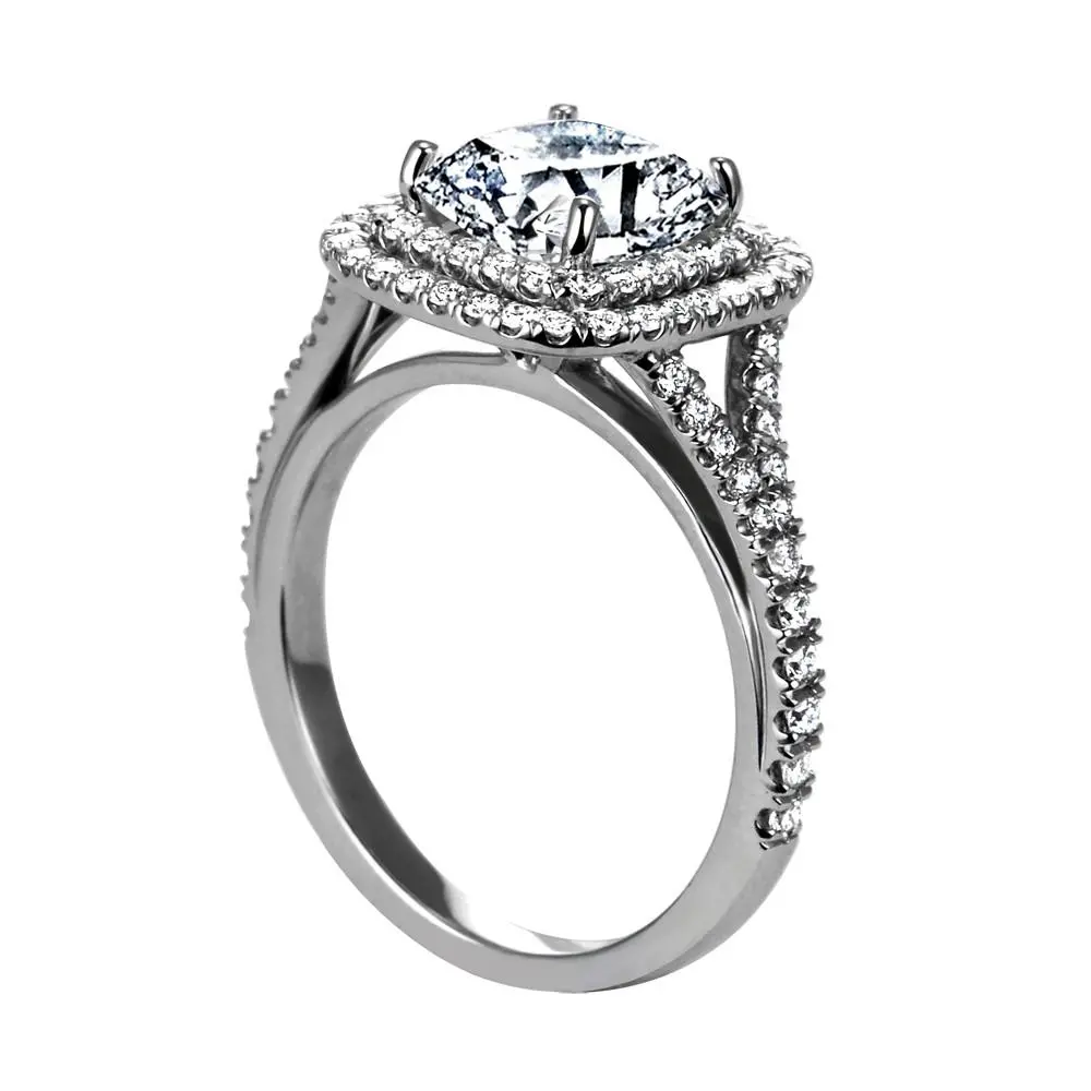 Platinum Cushion Shape Double Diamond Halo Engagement Ring With Split Shank(Center Stone Not Included) 1