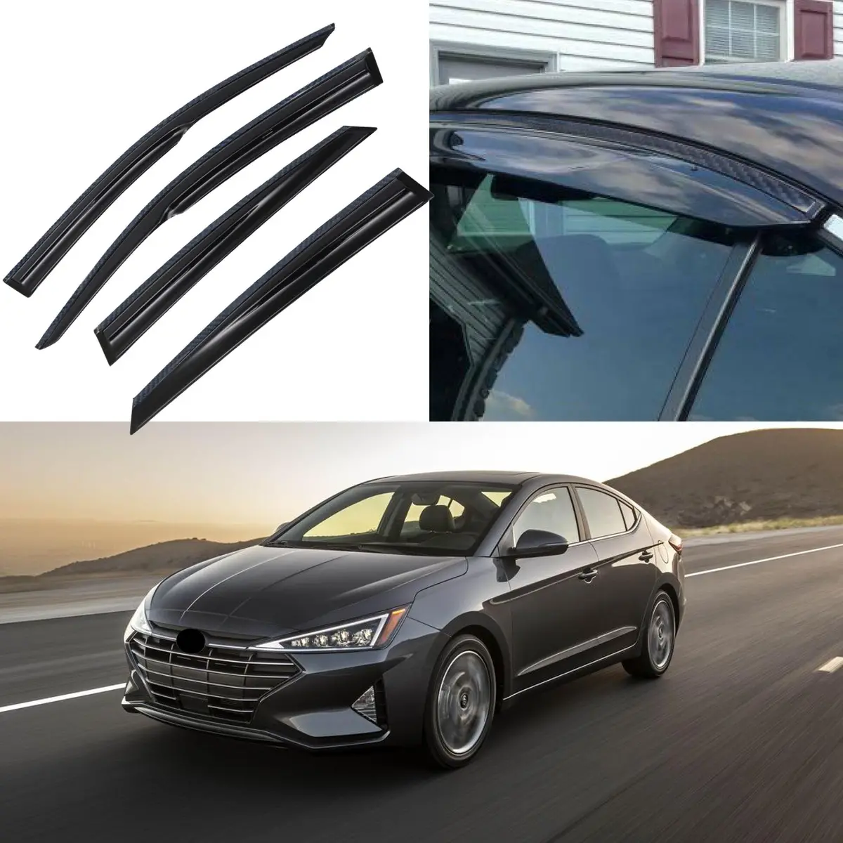 For Hyundai Elantra 2016-2020 Carbon Fiber & 3D Mugen Style Trim Vent Window Visors Rain Sun Wind Guards Shade Deflectors 1